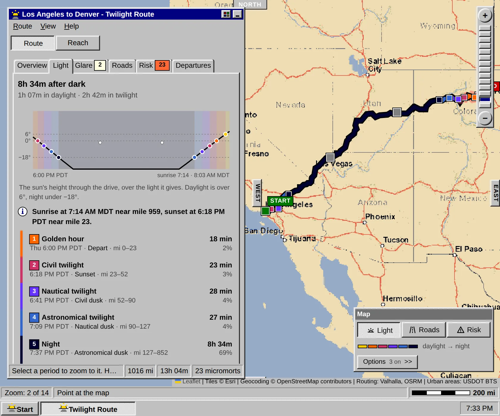 Twilight Route in the Classic theme: Los Angeles to Denver at 6 PM in a 1990s desktop window, on the Light tab with the sun's height and the light periods, over a retro-styled street map.