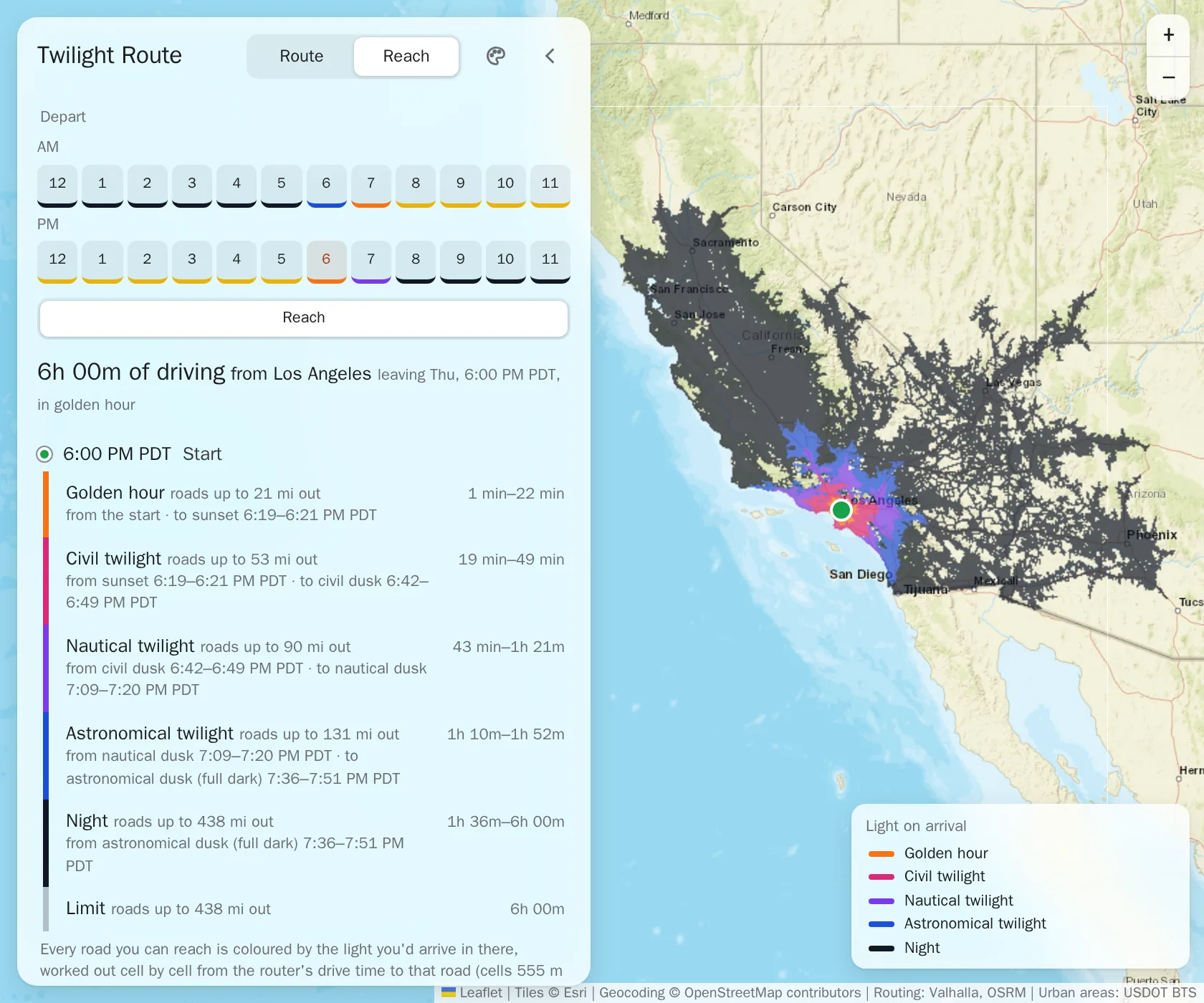 Reach from Los Angeles at 6 PM with six hours of driving: the departure hours, the bands from golden hour (roads up to 21 miles out) through the three twilights (up to 131 miles) to night (up to 438 miles), and the road network from the coast to Nevada and Arizona, coloured from twilight near Los Angeles to night beyond.